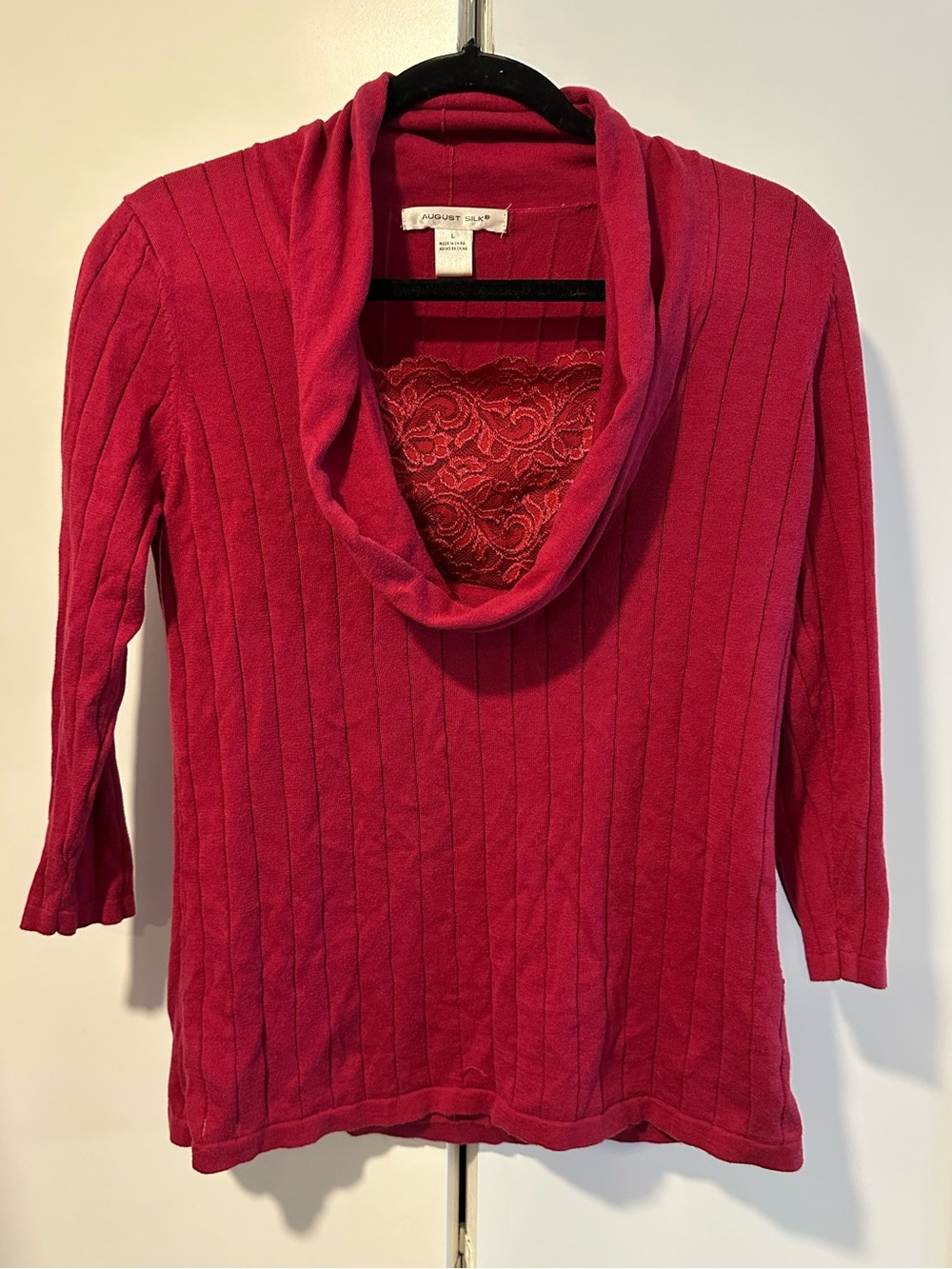 August Silk Women's Raspberry Cowl Neck Sweater with Lace Inset Large